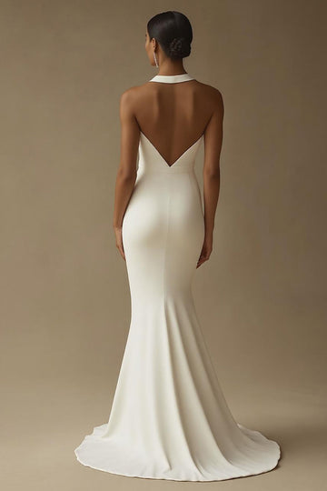 Robe de mariée en satin blanc trou de serrure sirène avec fente